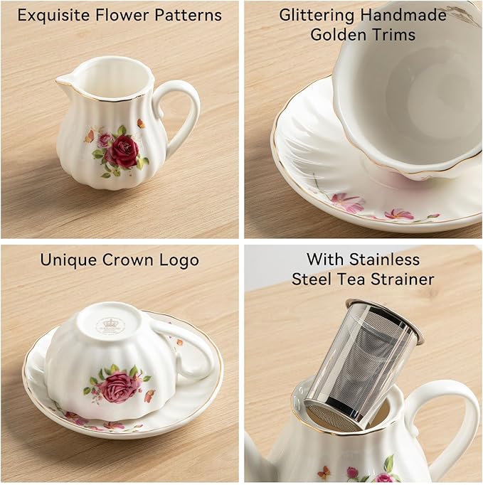 Porcelain Tea Sets British Royal Series, 8 OZ Cups & Saucer Service for 6, with Teapot Sugar Bowl Cream Pitcher Teaspoons and Tea Strainer, Suitable for High Tea, Wedding, Party (Midsummer Rose) - Bloomnest