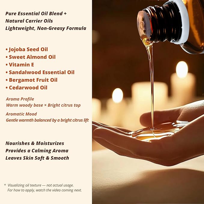 Sandalwood & Bergamot Aromatherapy Oil for Face & Body Massage – Plant-Based Blend for Hydrating & Nourishing Care, Woody-Citrus Aroma for Refreshing and Balancing Self-Care, 1 fl oz / 30 ml - Bloomnest