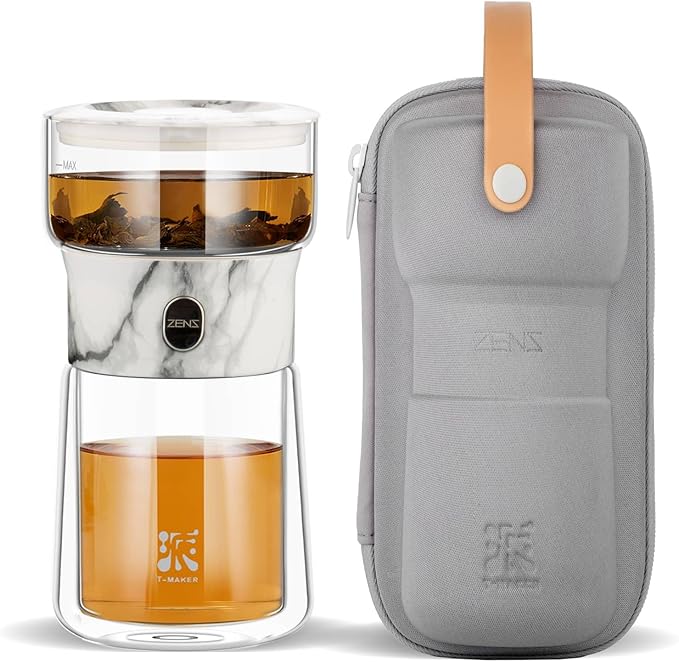ZENS Modern Small Glass Infuser Teapot, Magic One Touch Drip Tea Pot Infusers for Loose Tea Diffuser, Cool Herbal Teapot with 200ml insulated Cup and Portable Gray Tea Kits for Tea Lovers Gifts - Bloomnest