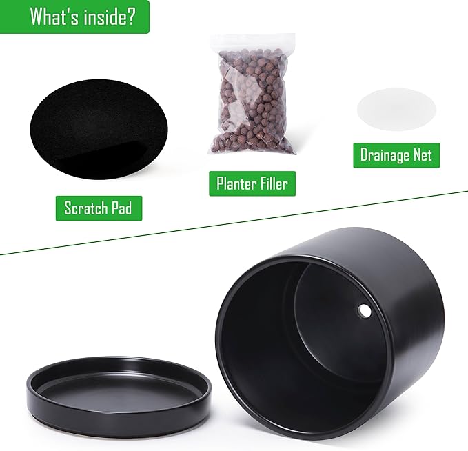 D'vine Dev 8.2 Inch & 10 Inch Ceramic Planter Pot for Plants with Drainage Hole and Saucer, Large Plant Pots Set, Black, 94-G-L-2 - Bloomnest