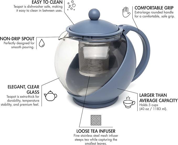 Primula Half Moon Teapot with Removable Infuser, Glass Tea Maker with Reusable Fine Mesh Stainless Steel Filter, Dishwasher Safe, 40-Ounce, Blue