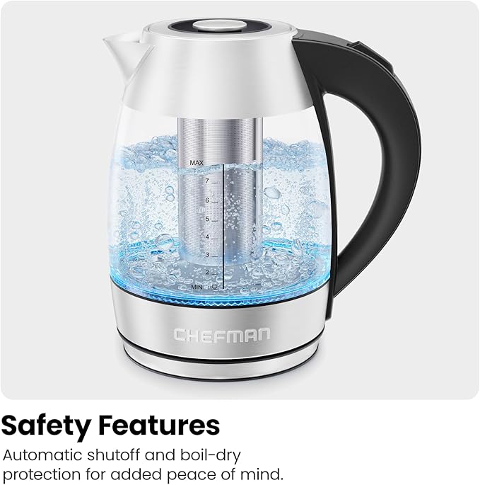 Chefman Electric Kettle for Boiling Water, 1.8L 1500W, Removable Tea Infuser, Auto Shut Off, Boil-Dry Protection, BPA Free, Borosilicate Glass, Hot Water Boiler, Electric Tea Kettle - Stainless Steel - Bloomnest