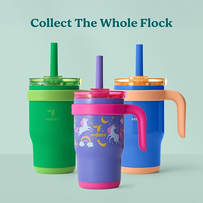 REDUCE 14 Oz Coldee Kids Tumbler with Lid and Straw - Coldee Insulated Travel Mug - Spill-Proof, Sweatproof Stainless Steel, BPA-Free - Includes Handle, Reusable Silicone Straw - Magnetic Purple - Bloomnest