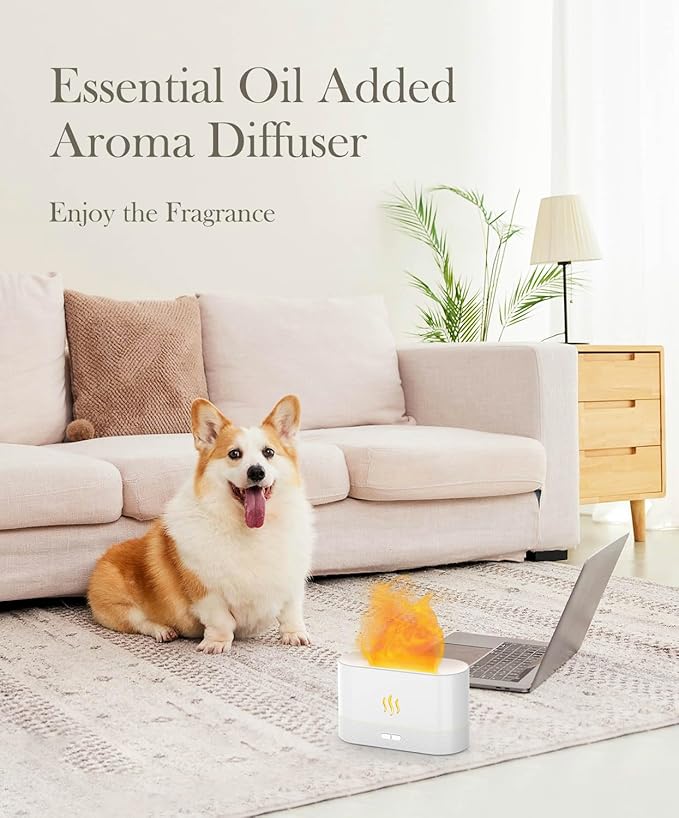 Essential Oil Diffuser Humidifer with Flame Light Effect, 180ml Air Diffuser for Essential Oils, Humidifiers for Bedroom with 2 Brightness, Auto-Off Function(White) - Bloomnest