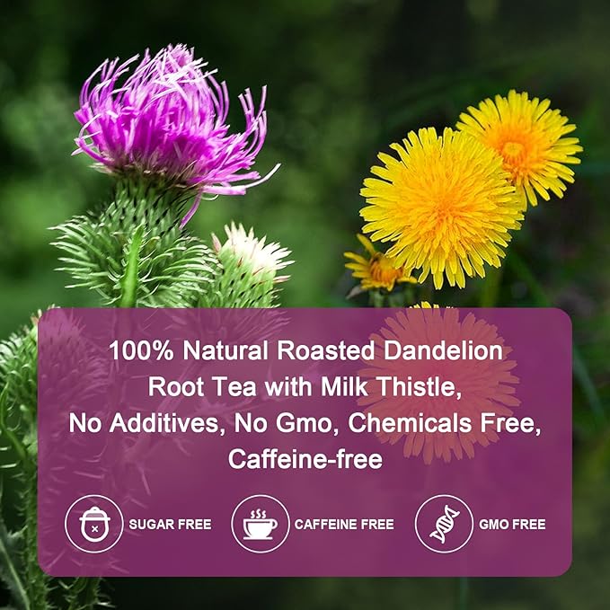 Organic Roasted Dandelion Root Tea with Milk Thistle Tea - Supports Kidney Function and Liver Function, 30 Tea Bags - Bloomnest