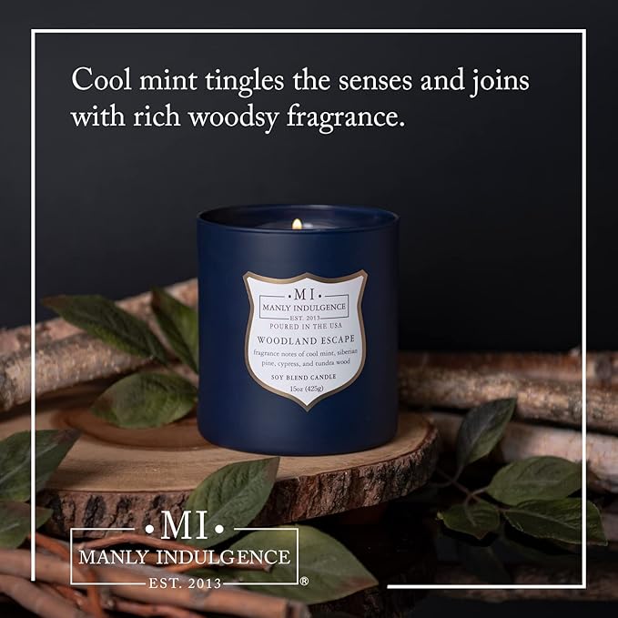 Manly Indulgence Woodland Escape Scented Candles for Men, 15 oz Wooden Wick, Premium Soy Blend Wax, 60H Burn, Candles for Home Scented - Made in The USA - Bloomnest