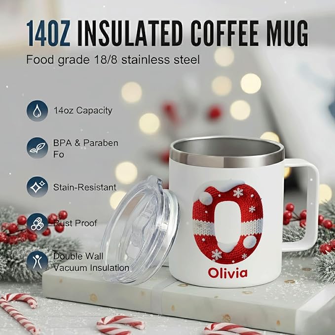 Personalized Christmas Mug with Name, 12oz Insulated Coffee Tumbler with Handle, Custom Cozy Knit Sweater Initial Cup, Festive Holiday Xmas Gift for Men & Women (B08) - Bloomnest
