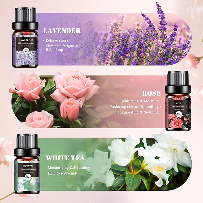 Floral Essential Oils Set - 6x10ML Fragrance Oil for Diffusers, Massage, Aromatherapy, Candle Making - Lavender, Rose, White Tea, Jasmine, Ylang-Ylang, Cherry Blossom Scented Oil - Bloomnest