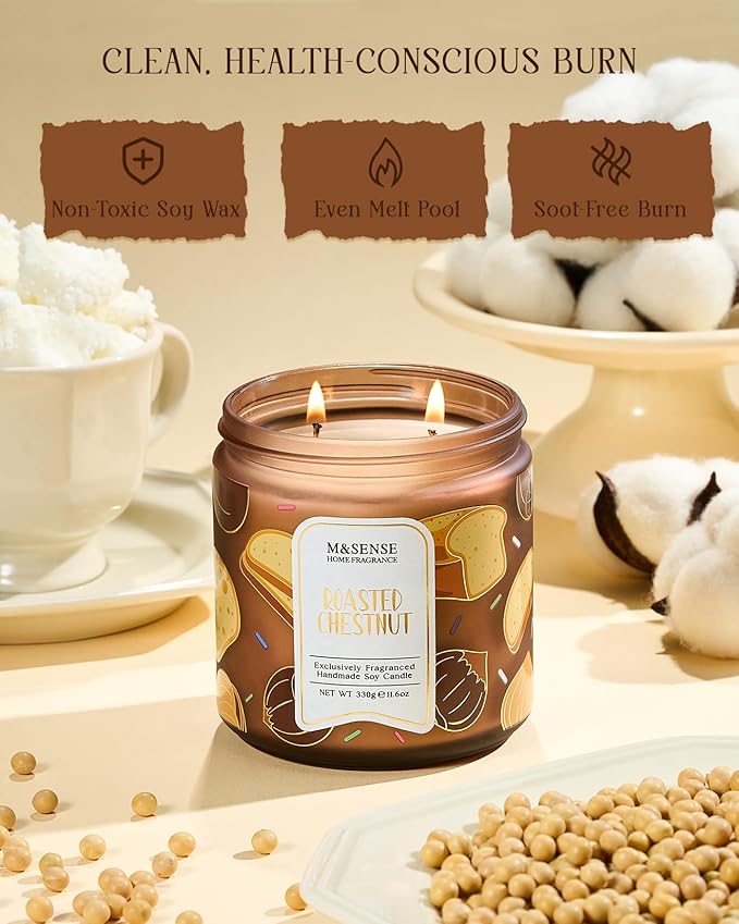 M&SENSE Roasted Chestnut Scented Candle, 11.6oz Natural Soy Wax, 70 Hours Long Lasting Clean Burn, Warm Nutty Aroma for Holiday Home Decor, Non-Toxic Relaxing Winter Gifts for Women - Bloomnest