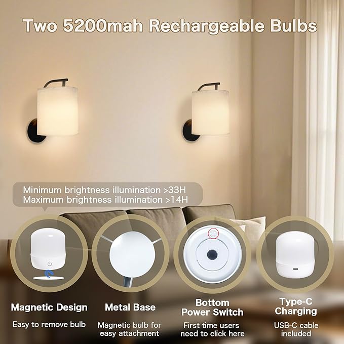 Rechargeable Battery Operated Wall Sconces Set of 2, Wireless Wall Lights with Remote Control 12 RGB Colors Magnetic Bulbs 5200mAh Battery Wireless Sconces for Bedroom Living Room (Black) - Bloomnest