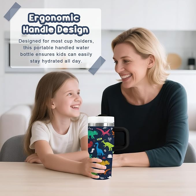 Dinosaur Tumbler Gifts, 14oz Dinosaur Themed Tumbler with Handle and Straw, Stainless Steel Double Wall Vacuum Insulated Cup Keep Hot Cold - 14oz Travel Mug with Lid Tumblers for Home Work Outdoor Use - Bloomnest