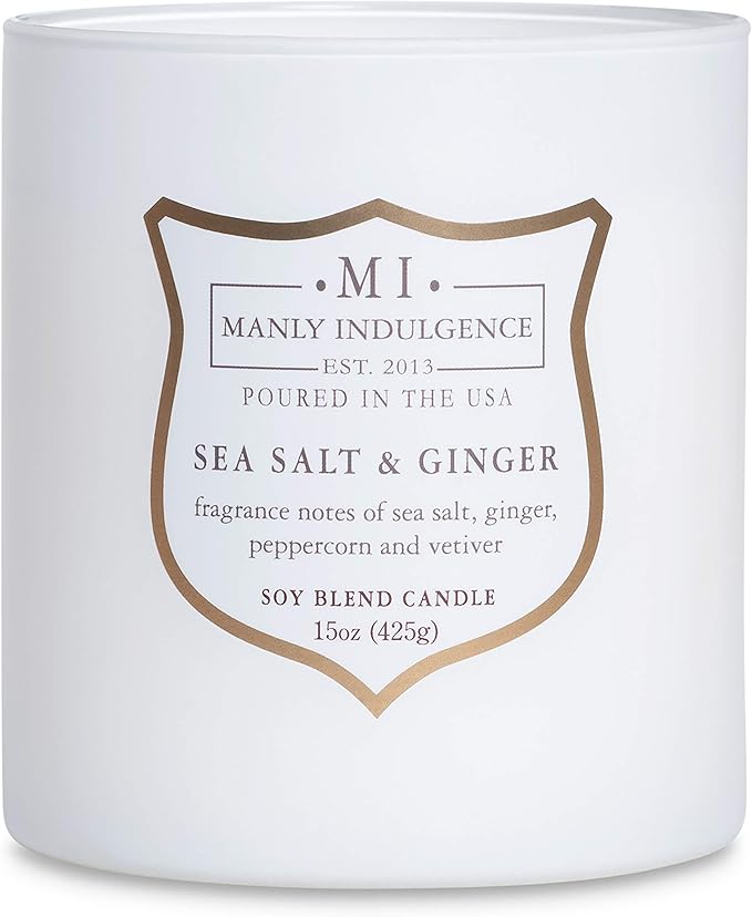 Manly Indulgence Sea Salt & Ginger Scented Candles for Men, 15 oz Wooden Wick, Premium Soy Blend Wax, 60H Burn, Candles for Home Scented - Made in The USA - Bloomnest