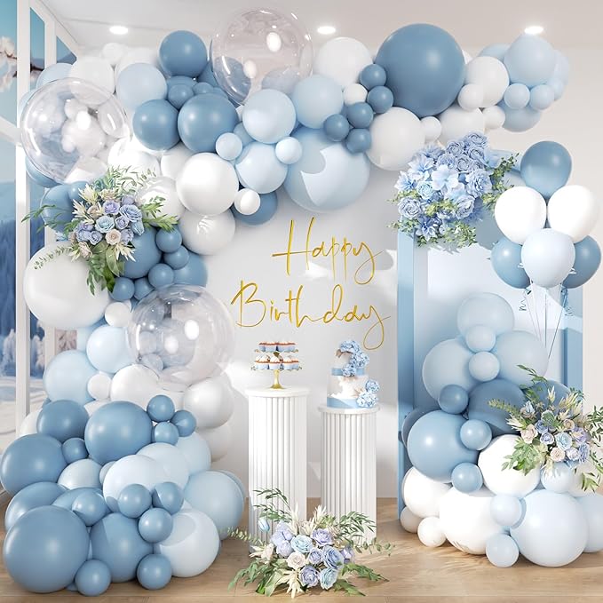 Dusty Blue Balloon Garland Arch Kit - 141Pcs Party Balloons Different Size Dusty Blue White Pastel Blue Clear Balloons for Birthday Wedding Baby Shower Bridal Decorations Set C - Bloomnest