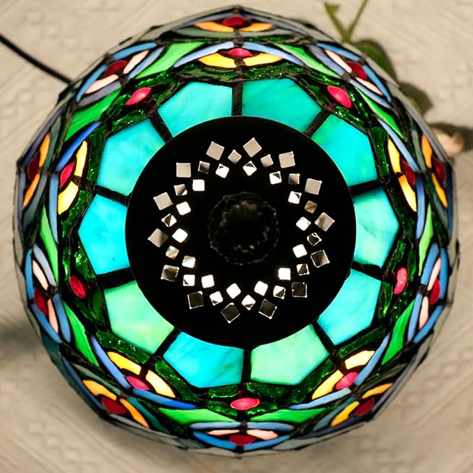 Green Peacock Decor Small Tiffany Style Table Lamp Antique Stained Glass Lamps Vintage Bedroom Bedside Reading Light Living Room Hotel Bar Kitchen Home Red Glass Bead Cute Accent Night Light 8 Inch - Bloomnest