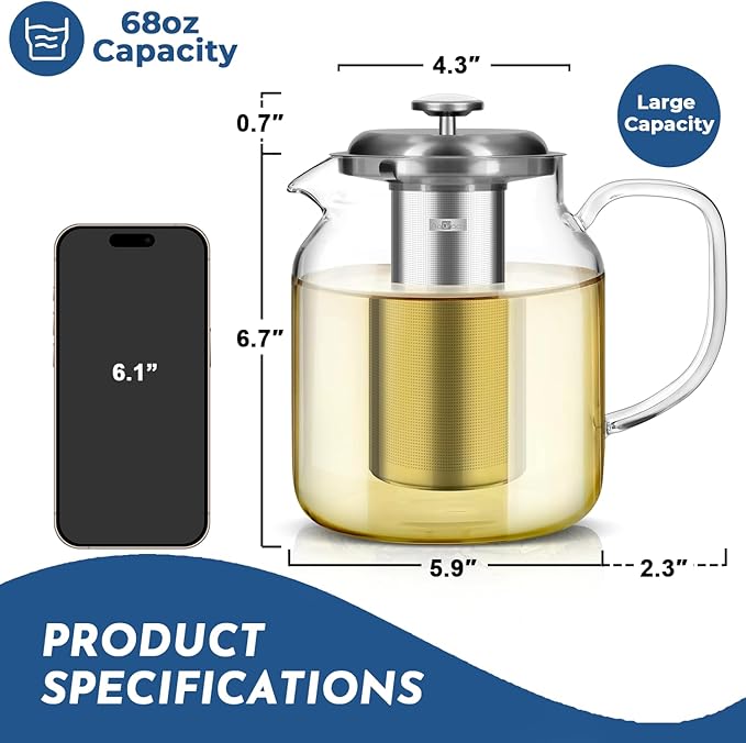 Aquach 68oz Glass Teapot with Built-in Thermometer, Stovetop & Dishwasher Safe, Borosilicate Carafe and Stainless Steel Removable Infuser - Bloomnest