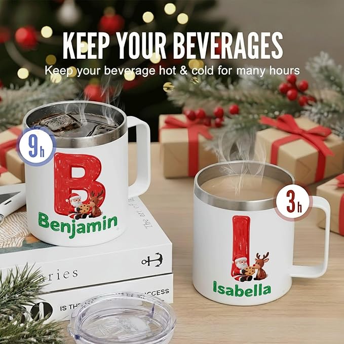 Personalized Christmas Insulated Coffee Mug with Handle – Custom Initial Letter [I] Double Wall Stainless Steel Travel Tumbler for Drinks – Unique Holiday Gift for Men, Women, & Kids(B115) - Bloomnest