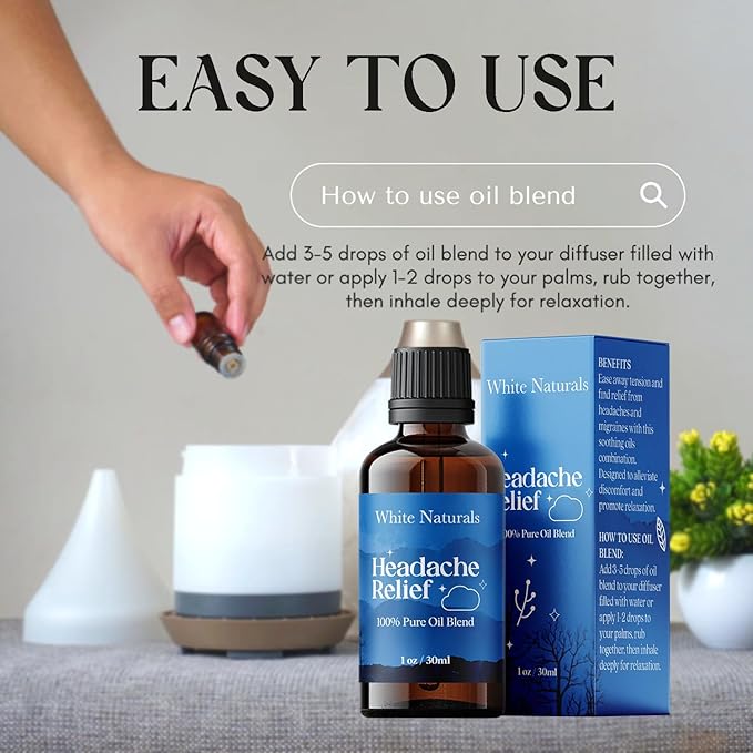 White Naturals Headache Relief Essential Oil Blend – Soothing Aromatherapy Oil for Tension & Headache Relief, 100% Pure & Natural Essential Oils for Calm & Relaxation, 1oz - Bloomnest