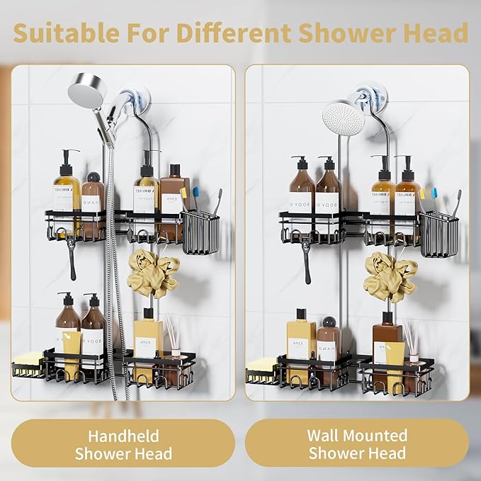 KEGII Shower Caddy Hanging for Handheld Showerheads, Rustproof Hanging Shower Organizer with Soap Dish, Toothbrush Holder and Hooks, Over Showerhead Caddy for Bathroom - Bloomnest