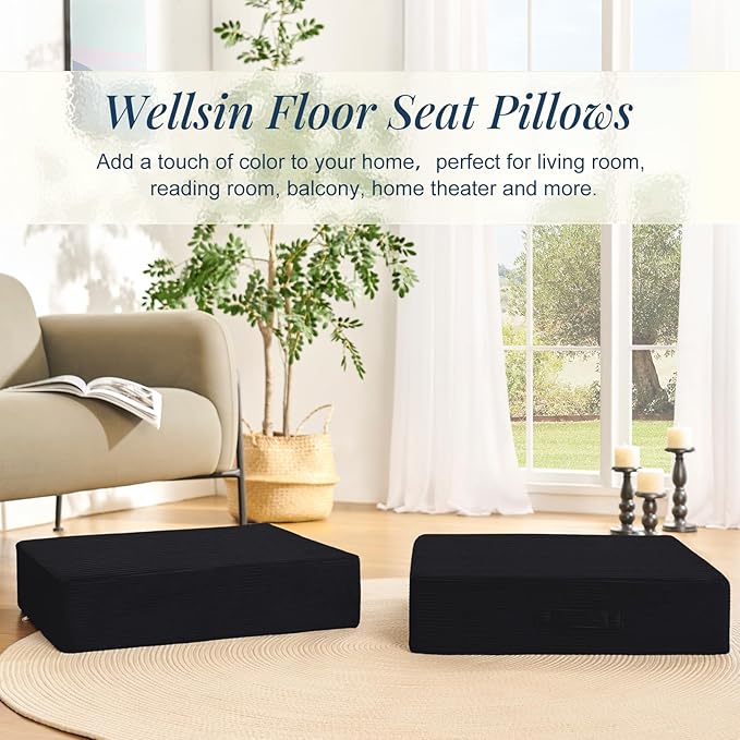 Wellsin Solid Square Floor Pillows for Adults Kids - Large Meditation Floor Pillow Seating Cushion with Thick Foam & Washable Velvet Cover, 2 Pack, 22x22x5 Inch, Black