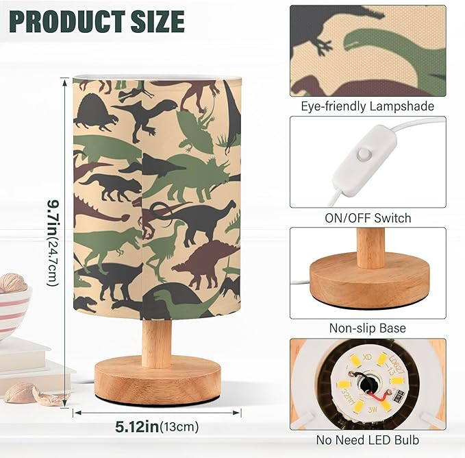 Table Lamp Army Camouflage Dinosaur Pattern Military Camo Nightstand Lamp with Wood Base Fabric Lamp Shade Bedside Desk Lamp for Living Room Bedroom Kids Room Office - Bloomnest