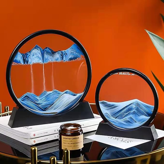 BGFJYUK Moving Sand Art Picture in Motion, Round Tempered Glass 3D Deep Sea Sandscapes with Display Flowing Sand Frame for Relaxing Desktop Home Office Work Décor for Kids Adults （Blue, 12inch - Bloomnest