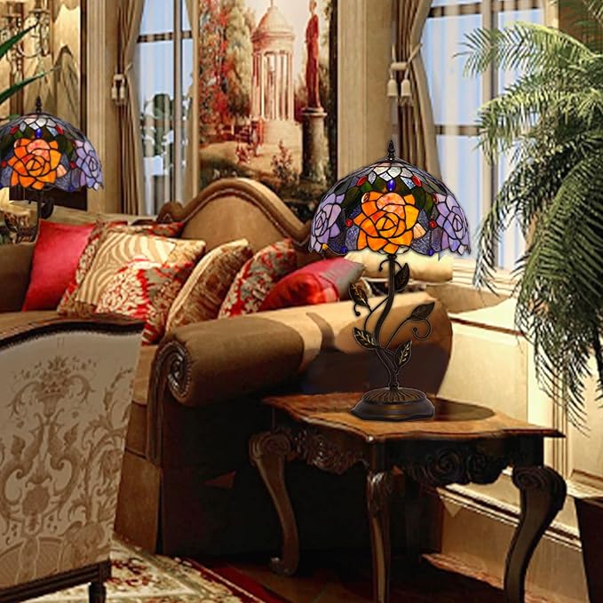 Tiffany Lamp Orange Red Rose Flower Stained Glass Table Lamp Desk Bedside Reading Light 12X12X19 Inches with Metal Leaf Base Decor Bedroom Living Room - Bloomnest