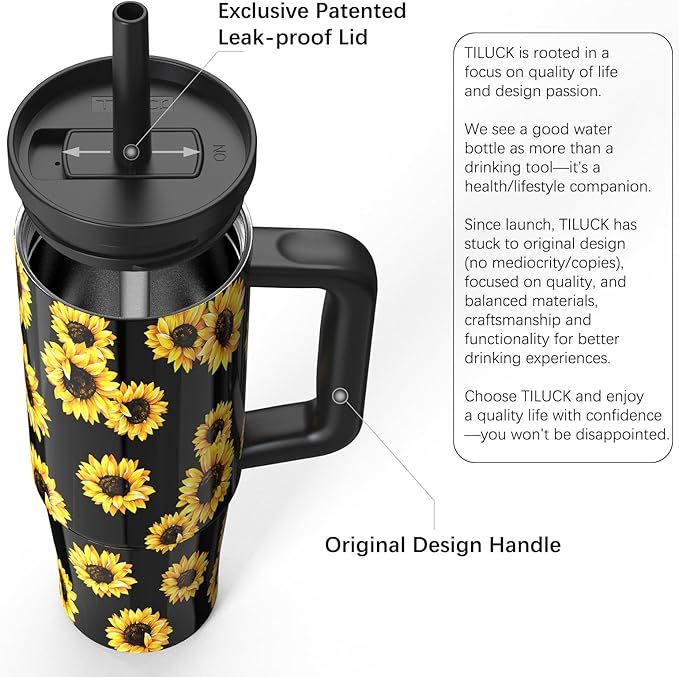 TILUCK 30 oz Tumbler with Handle, Vacuum Insulated Stainless Steel Travel Mug with 100% Leak-Proof Silicone Straw Lid, Cupholder Friendly Water Bottle(SunFlower, 30oz)