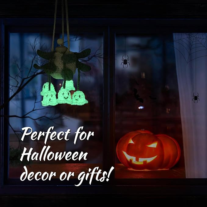 Crochet Glowing Ghost Car Air Freshener, Halloween Car Decor, 15ml Refillable Oil Diffuser Bottle with Hanging Crochet Decor for Car Rearview Mirror, Handmade Halloween Gifts - Bloomnest