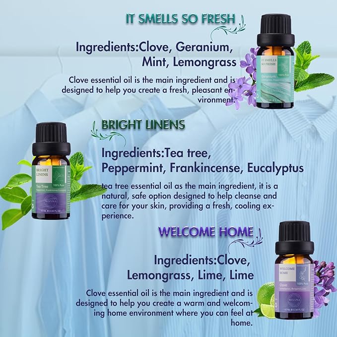 Essential Oils for Laundry - 100% Pure Essential Oils for Diffusers for Home,6x10ml(Clean)- Aromatherapy Oils for Humidifiers,Wool Dryer Balls,Clean Linen - Bloomnest