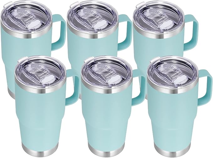 VEGOND 20 oz Tumbler Bulk with Handle Lid and Straw, Stainless Steel Insulated Travel Coffee Mug Set, Spill Proof Double Wall Metal Tumblers Cups, Mint Green 6 Pack - Bloomnest
