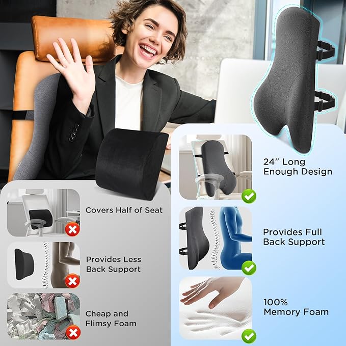 Teemour High Back Support Pillow for Office Chair, Fully Support Entire Back Cushion Pain Relief Promotes Posture- Memory Foam Lumbar Support Pillow for Offfice Chair, Desk, Gaming Chair - Bloomnest