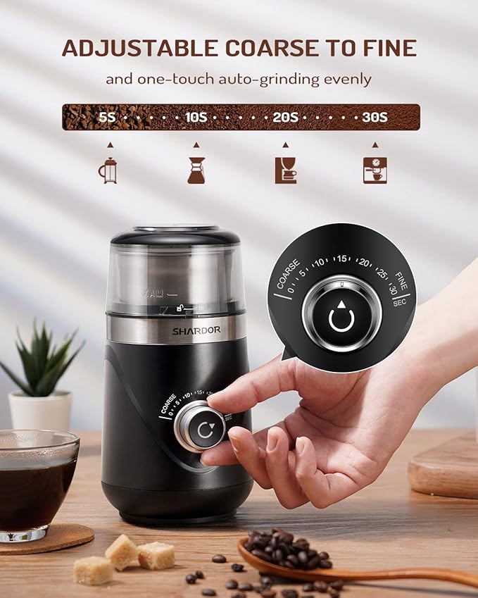 SHARDOR Electric Super Silent Blade Coffee Grinder, Timed Grind Control Rotary Knob, Adjustable Coarse to Fine for Coffee Beans, Spices & Herbs, with 1 Removable Stainless Steel Bowl, Black - Bloomnest