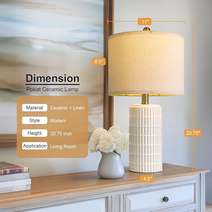 PoKat 20.75" Small Modern Ceramic Table Lamps Set of 2 for Bedroom, White Bedside Lamps for Night Stands, Farmhouse Desk Decor Nightstand Table Lamps for Living Room End Table Beige - Bloomnest