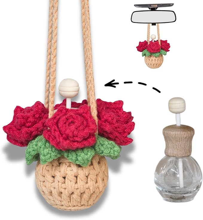 Handmade Crochet Hanging Car Air Freshener - Romantic Red Rose Design, 12ml Refillable Thick Glass Bottle, Car Diffuser for Rearview Mirror, Home & Office Romantic Decor - Bloomnest
