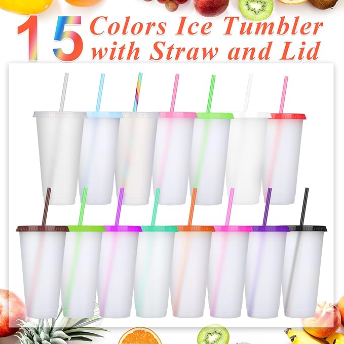 Honeydak 15 Pack Tumbler with Straw and Lid Bulk Water Bottle Iced Coffee Travel Mug Cup Reusable Plastic Cups for Party Birthdays 24-27 oz (Pretty Color) - Bloomnest