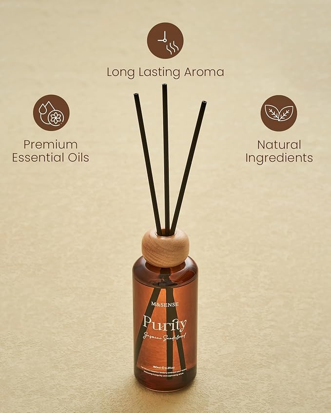 M&SENSE Reed Diffuser Set, Jasmine Sandalwood Scented 6.3 fl oz Natural Essential Oil Diffusers with Sticks, Non-Toxic Organic Air Freshener, Long-Lasting Fragrance Oils for Home Bathroom Living Room MSENSE