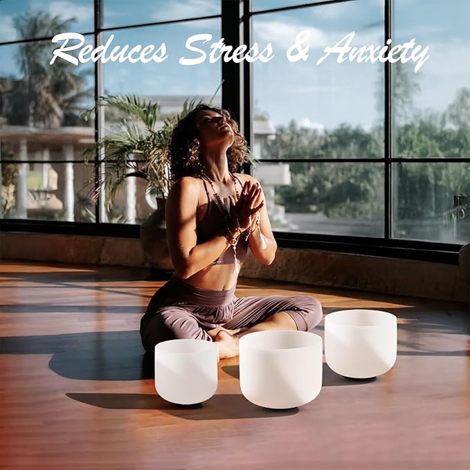 CVNC 432HZ Sound Healing Set of 3 Crystal Singing Bowls, Frosted Chakra Quartz Crystal Sound Bowl with Carry Bags 7'' C Root 8'' F Heart 9'' G Throat - Bloomnest
