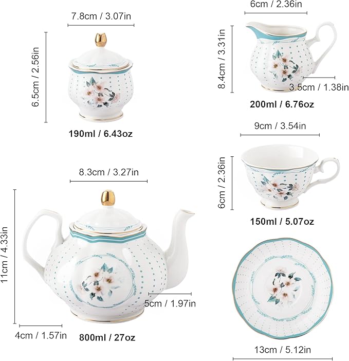 fanquare 21 Pieces Royal Style Porcelain Tea Set with Gold Trim, Vintage White Camellia Polka Dots Tea Sets, 6 Teacup and Saucers for Party Home Wedding - Bloomnest