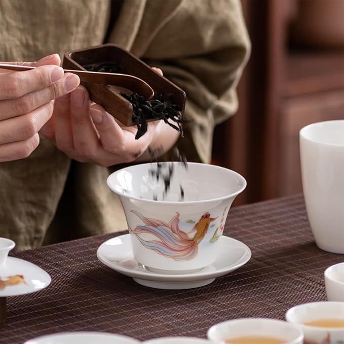 ICHAG Chinese Tea Set, Gongfu Tea Sets for Adults, China Gaiwan Teaset, 14-Piece Yangzhi Jade (茶具) Porcelain Set with Tea Pet, Portable Travel Teaset for Home, Outdoor, Office Gifts (White) - Bloomnest