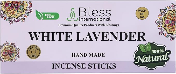 Bless-White-Lavender 100%-Natural-Handmade-Hand-Dipped-Incense Organic-Chemicals-Charcoal-Free Purification-Relaxation-Positivity-Yoga-Meditation Best-Woods-Scent (100 Sticks(5.25 OZ)) BlessInternational