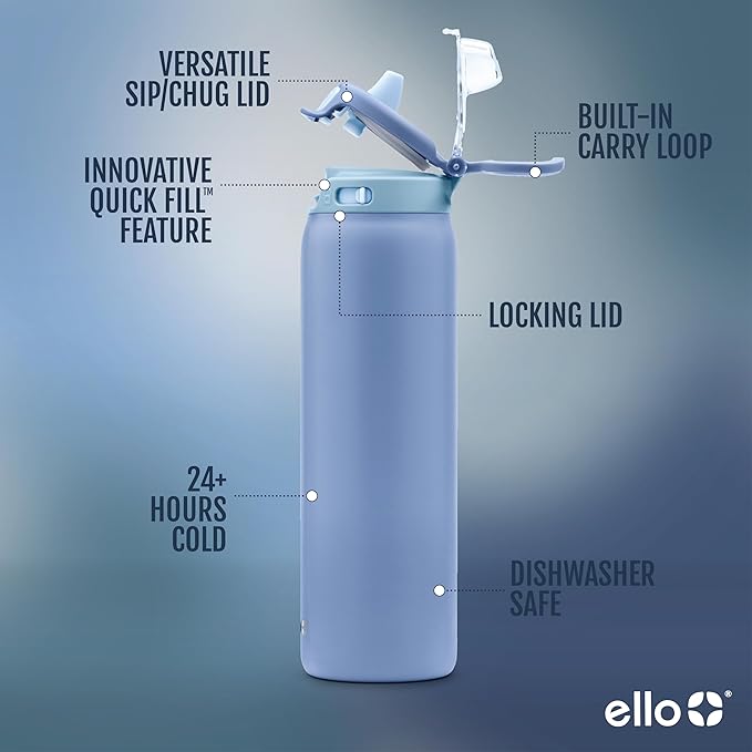 Ello Pop & Fill Insulated Stainless Steel Water Bottle with Quick Fill Lid, Leakproof Locking, Sip or Chug Spout, BPA-Free, Double Wall Vacuum Insulated for Sports, Travel & School- 22oz / 32oz / 40oz Ello