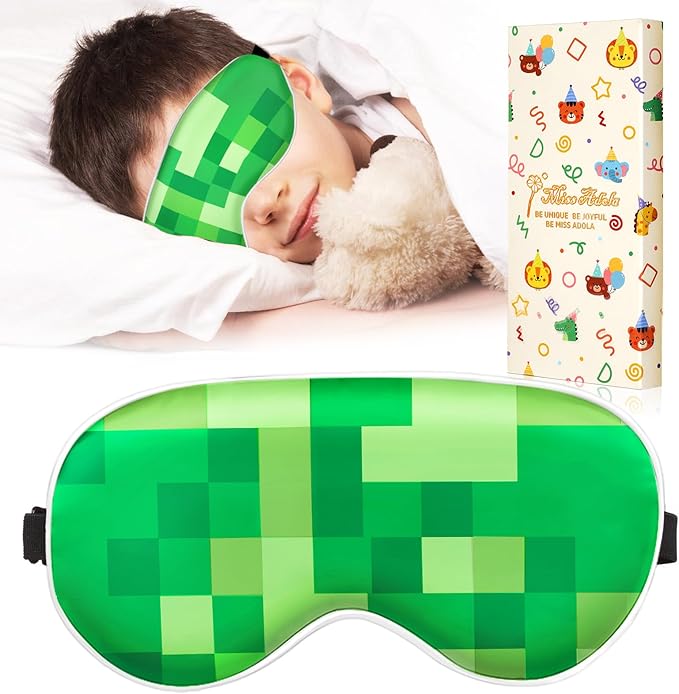 Sleep Mask for Kids - Cute Kawaii Cartoon Silk Sleeping Mask with Adjustable Strap Soft Smooth Light Eye Mask for Sleeping Silk Kids Eye Cover for Boys Girls Teens, Green Grid World - Bloomnest