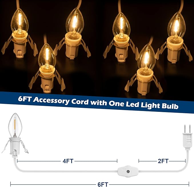 6 Packs 6ft Village Light Cord with 1W C7 LED Bulb, Salt Lamp Cord with ON/Off Switch and 2 Spare Fuses, Blow Mold Light Ideal for Christmas Village House Craft Decorations - Bloomnest