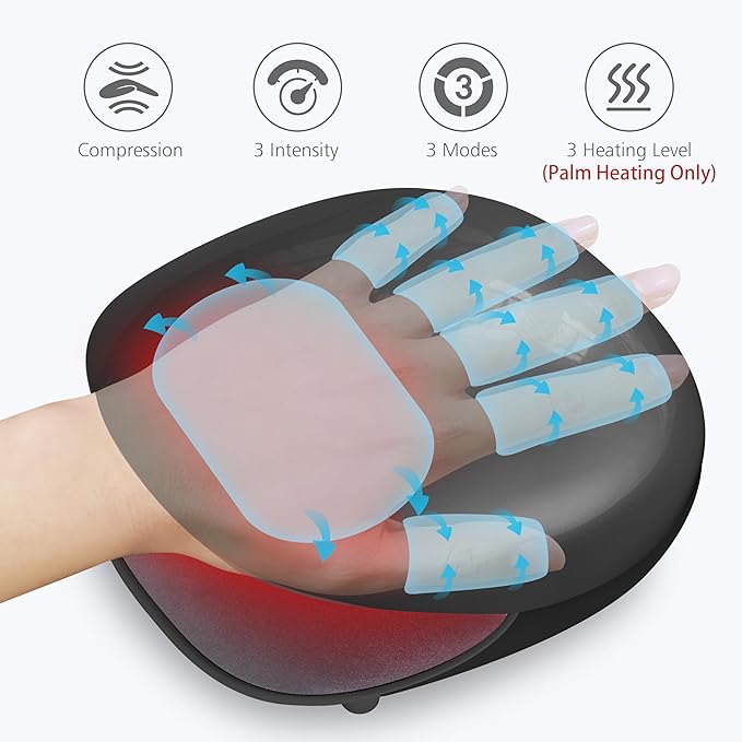 COMFIER Wireless Hand Massager with Heat -3 Levels Compression & Heating,Rechargeable Hand Massager Machine for Carpal Tunnel,Ideal Gifts for Women (Black)