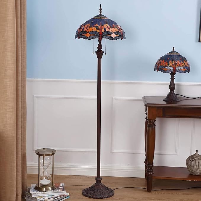 Bieye L10703 Dragonfly Tiffany Style Stained Glass Floor Lamp with 16 Inch Wide Complex Design Lampshade and Metal Base, Orange Blue, 65 Inch Tall