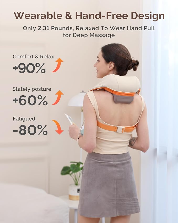 AIRSEE Shiatsu Neck Shoulder Massager with Heat, 200+ Min Battery, Cordless Neck Massager for Pain Relief Deep Tissue, Upgraded 4D Kneading Massage Pillow, 3 Modes 2 Heating Levels, for Women Men - Bloomnest