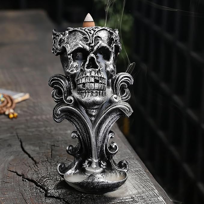 Comeon Backflow Incense Holder Burner Resin Skull Incense Burner Waterfall Incense Burner Home Decor + 20 Backflow Incense Cones + 30 Incense Sticks +1 Tweezer +1 Mat（Metallic Silver） - Bloomnest
