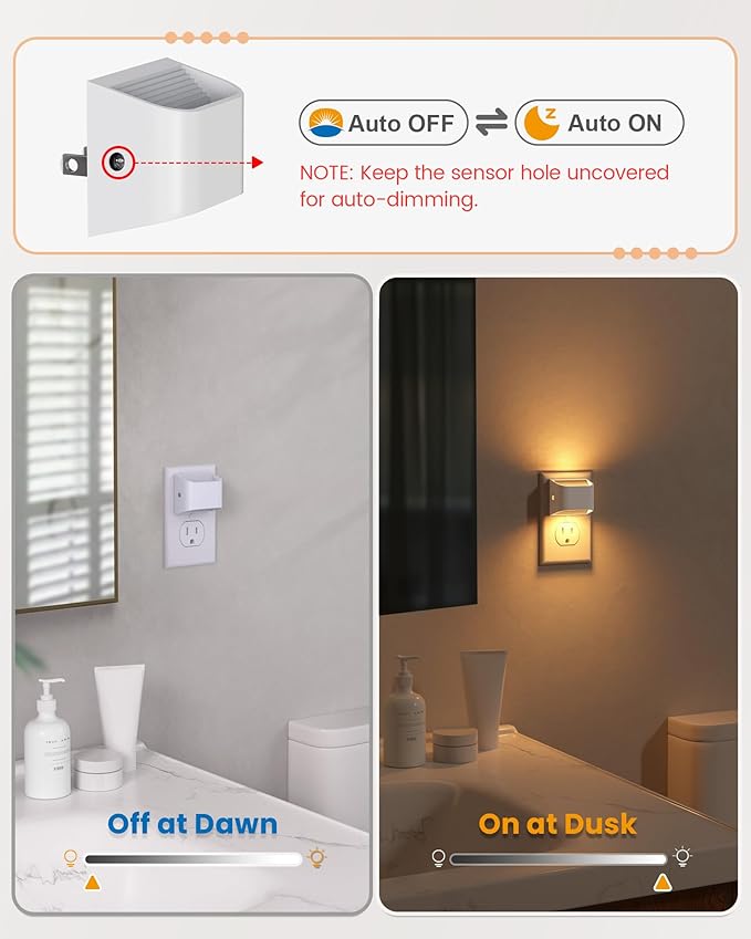 NIORSUN Plug in Night Light, Auto Brightness Sensor Night Light, 3000K Warm White, Ultra-Slim Wall Light for Hallway Bathroom Bedroom Stairs, White, 6 Pack - Bloomnest