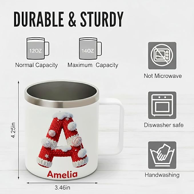 Personalized Christmas Mug with Name, 12oz Insulated Coffee Tumbler with Handle, Custom Cozy Knit Sweater Initial Cup, Festive Holiday Xmas Gift for Men & Women (B08) - Bloomnest