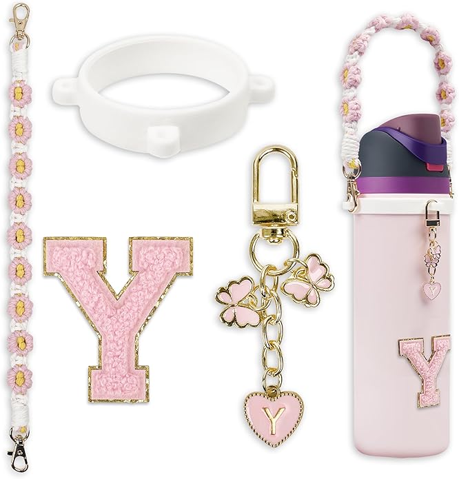 Compatible with Owala Water Bottle Accessories, Cute Letter Charm Set with Boho Handle Strap, Monogram Sticker, Silicone Ring, Keychain Decoration, for FreeSip 24 32 40oz, Owala Kids, Tumbler Gift SITKOL